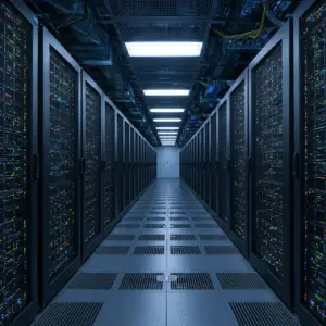 Rows of illuminated high-density server cabinets inside Xera's Tier 3 Southfield data center.
