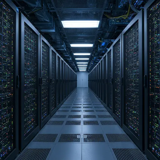 Rows of illuminated high-density server cabinets inside Xera's Tier 3 Southfield data center.