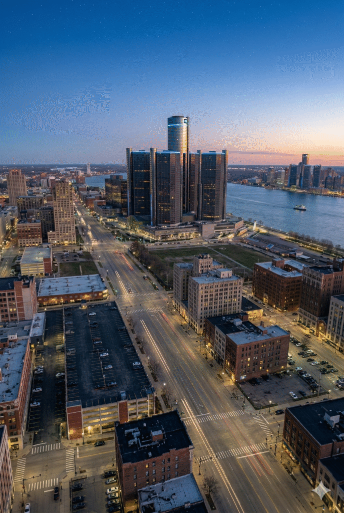Data Center in Detroit showing the skyline and river
