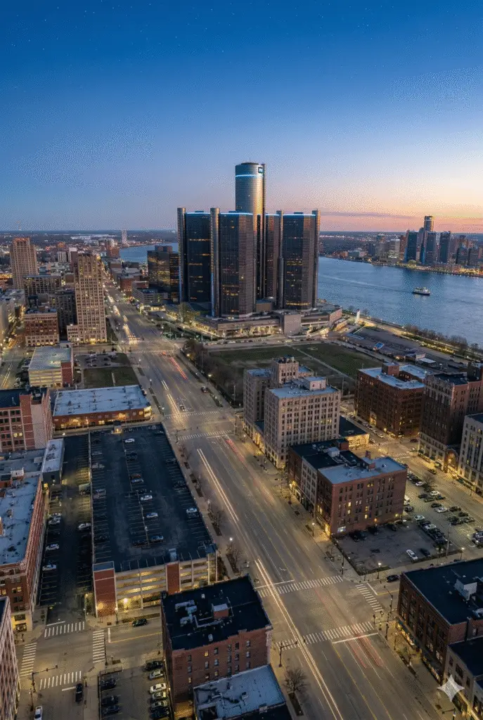 Data Center in Detroit showing the skyline and river