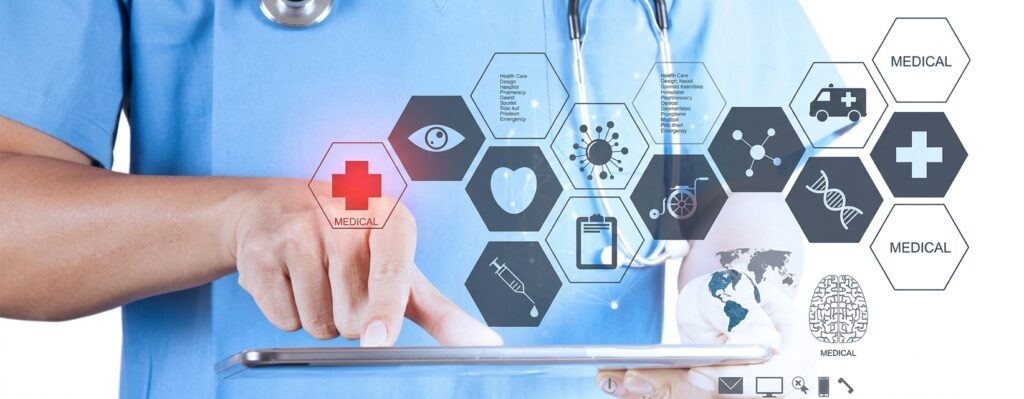 Healthcare worker in scrubs touching a digital interface of medical icons, representing secure healthcare data infrastructure